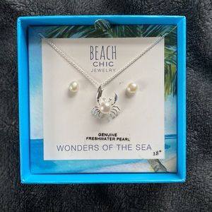 Beach Chic Freshwater Pearl Earrings and Crab Necklace set.
